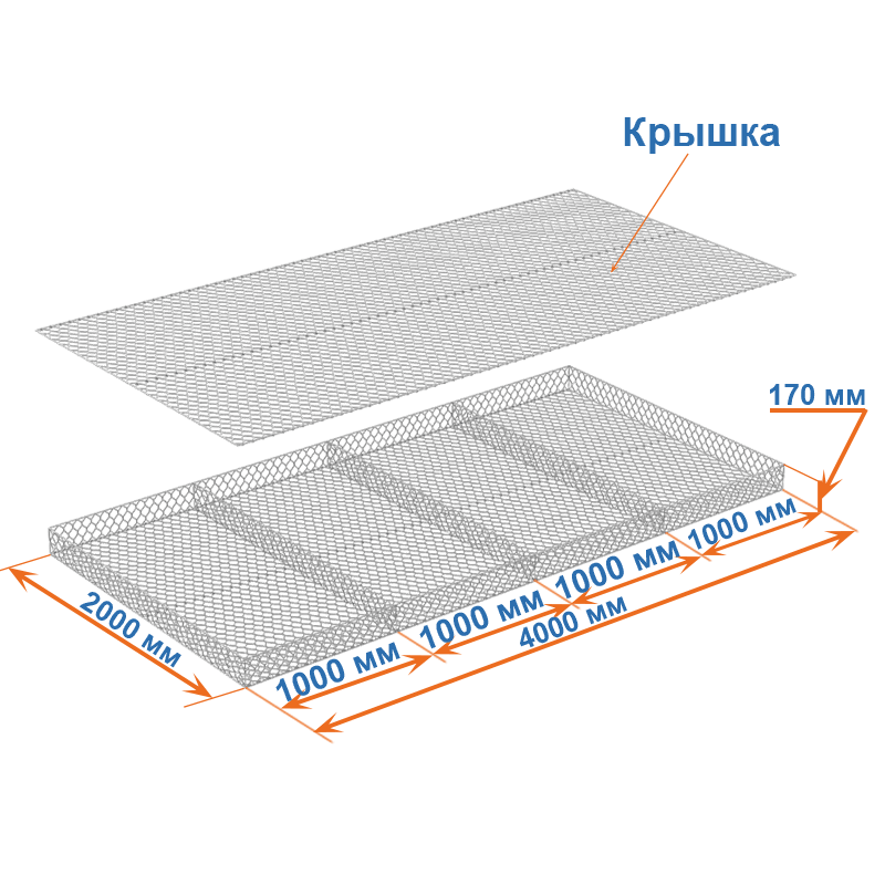 Габион матрац ГСИ-М 4х2х0,17 оцинкованный, Ø проволоки 2,7 мм, размер ячейки 6х8 см фото