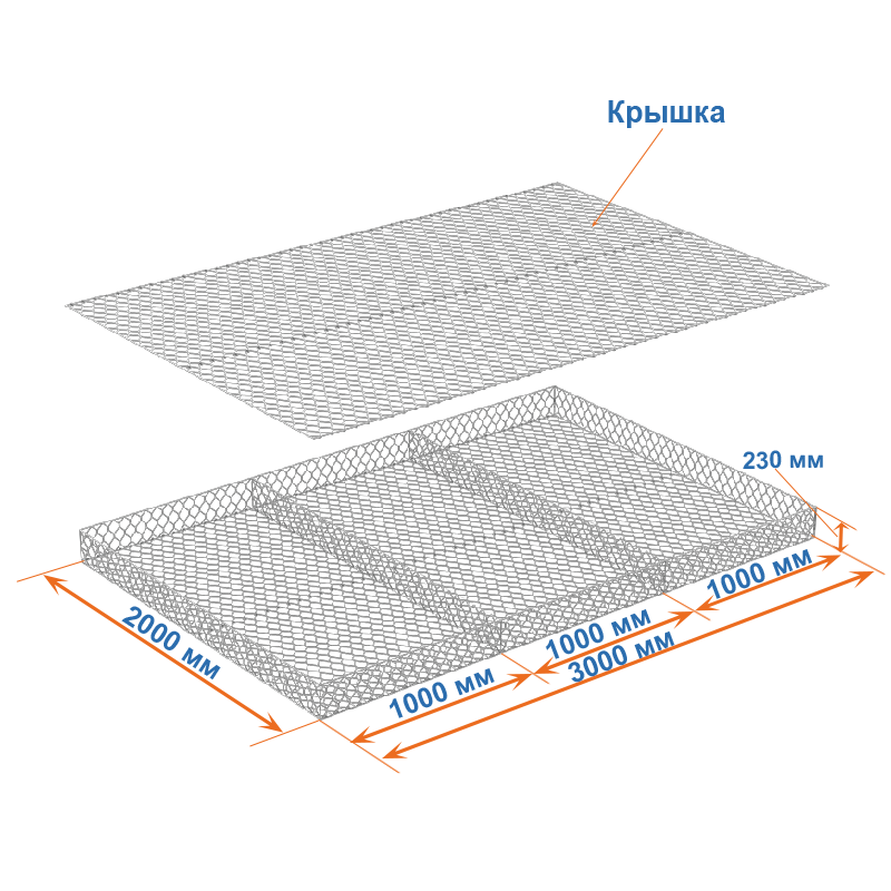 Габион матрац ГСИ-М 3х2х0,23 оцинкованный / ЦП, Ø проволоки 2,4/3,4 мм, размер ячейки 6х8 см фото
